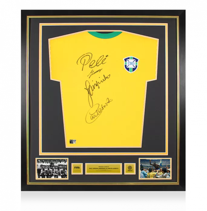 Pele Gerson Jairzinho and Carlos Alberto Official 1970 FIFA World Cup™ Signed and Framed Brazil 1970 Retro Shirt