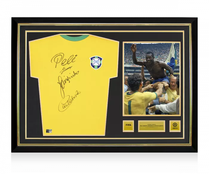 Pele Gerson Jairzinho and Carlos Alberto Official 1970 FIFA World Cup™ Signed and Hero Framed Brazil 1970 Retro Shirt