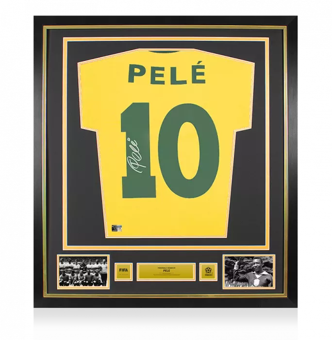 Pele Official 1970 FIFA World Cup™ Back Signed and Framed Retro Brazil Home Shirt