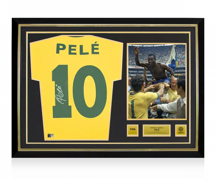 Pele Official 1970 FIFA World Cup™ Back Signed and Hero Framed Retro Brazil Home Shirt