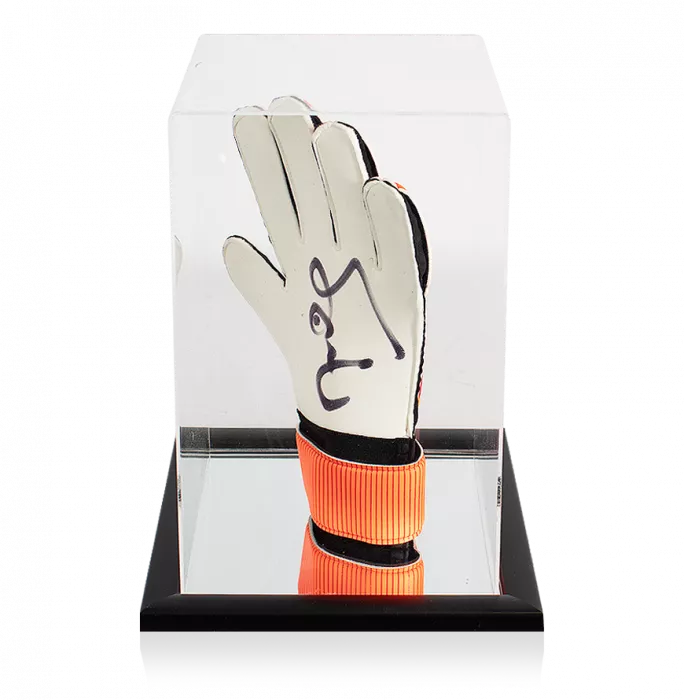 Peter Schmeichel Signed Orange Adidas Goalkeeper Glove In Acrylic Case