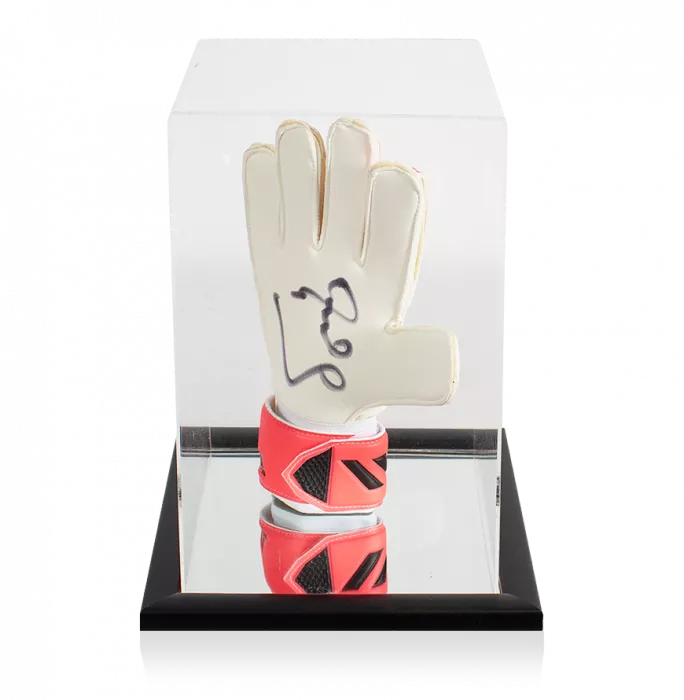 Peter Schmeichel Signed Pink Adidas Goalkeeper Glove In Acrylic Case