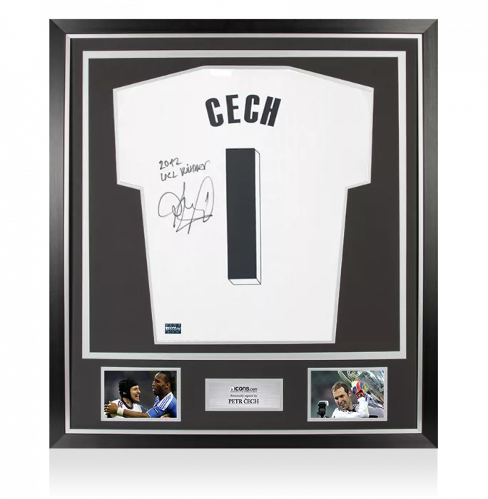 Petr Cech Back Signed Adidas TIRO Goalkeeper Shirt: UEFA Champions League 2012 Winner Inscription In Classic Frame