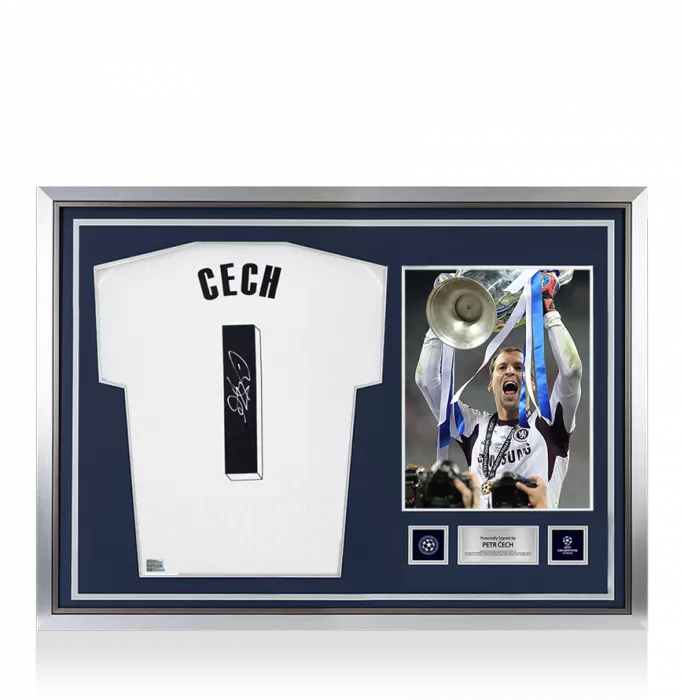 Petr Cech Official UEFA Champions League Back Signed and Hero Framed Adidas TIRO Goalkeeper Shirt with Fan Style Number