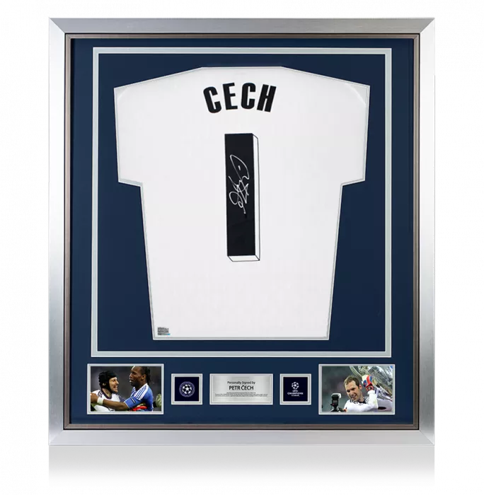 Petr Cech Official UEFA Champions League Back Signed and Framed Adidas TIRO Goalkeeper Shirt with Fan Style Number