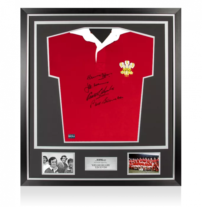 Phil Bennett JPR Williams Gareth Edwards & Barry John Signed Wales Rugby Shirt In Classic Frame