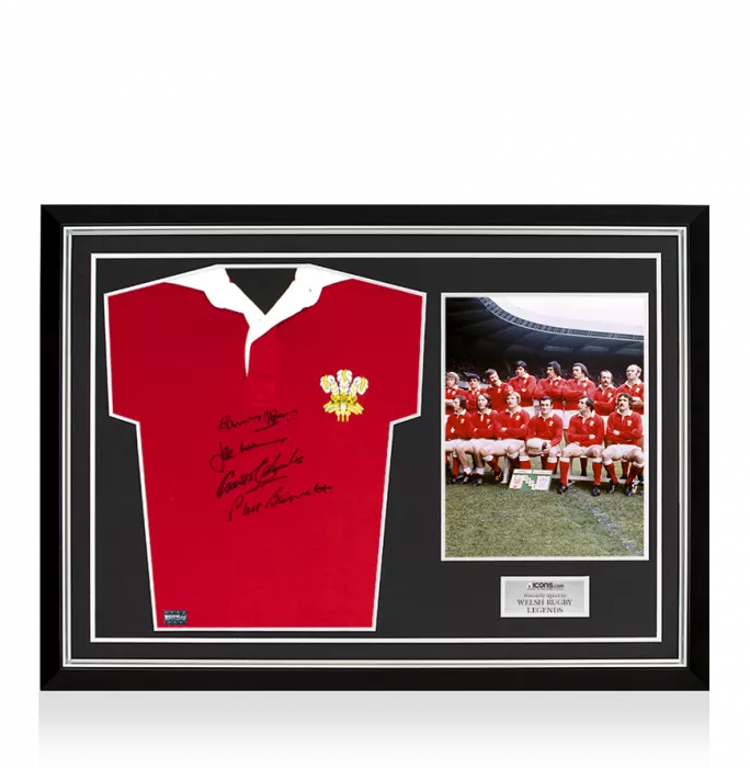Phil Bennett JPR Williams Gareth Edwards & Barry John Signed Wales Rugby Shirt Home Shirt In Hero Frame: Option 1