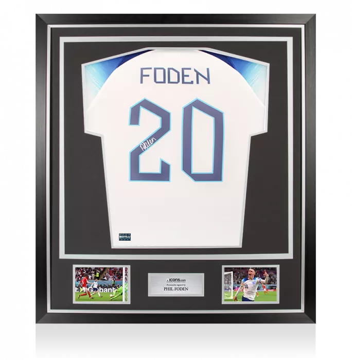 Phil Foden Back Signed England 2022-23 Home Shirt In Classic Frame