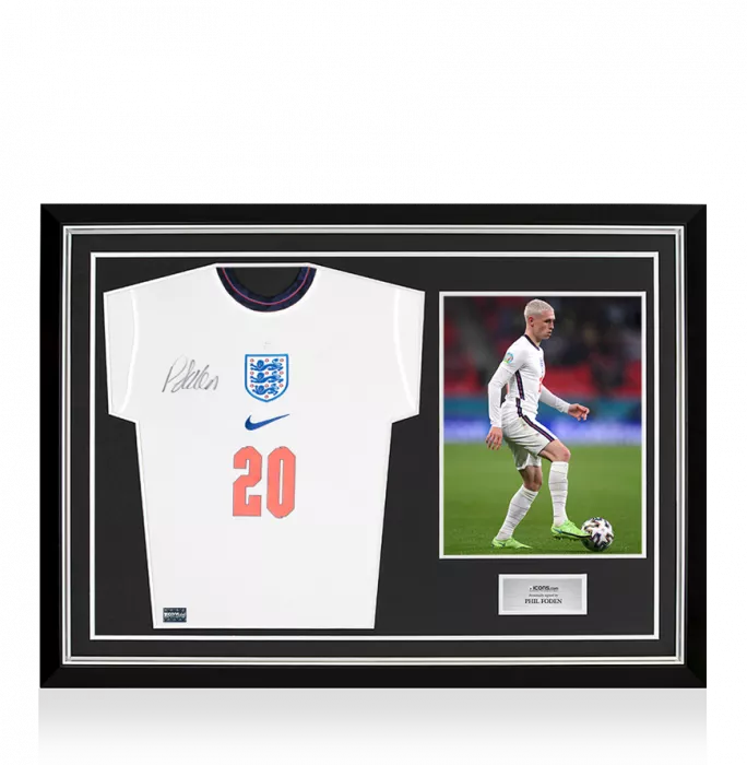 Phil Foden Front Signed England 2020 Home Shirt In Hero Frame: Option 1