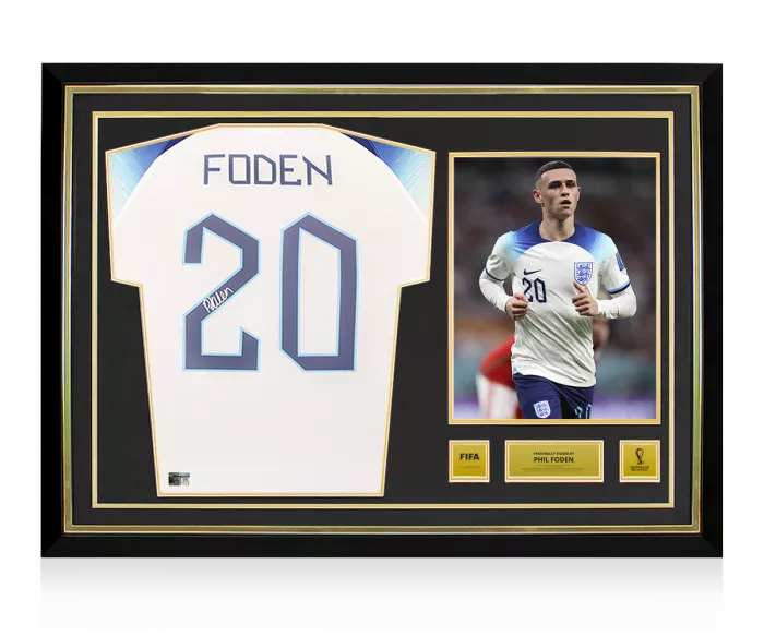 Phil Foden Official 2022 FIFA World Cup™ Back Signed and Hero Framed England 2022-23 Home Shirt