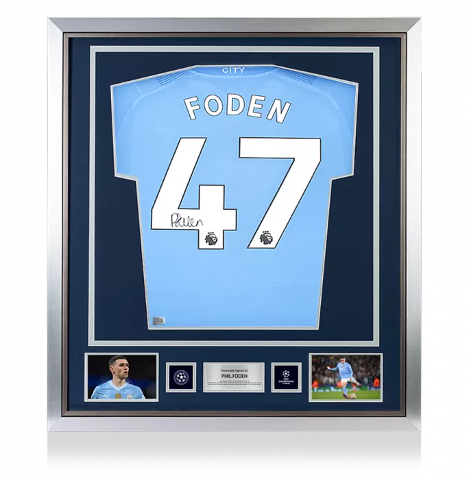 Phil Foden Official UEFA Champions League Back Signed and Framed Manchester City 2023-24 Home Shirt