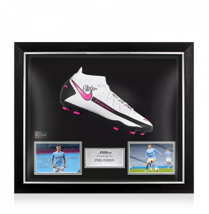 Phil Foden Signed White Nike Phantom Boot In Bubble Frame: Option 1