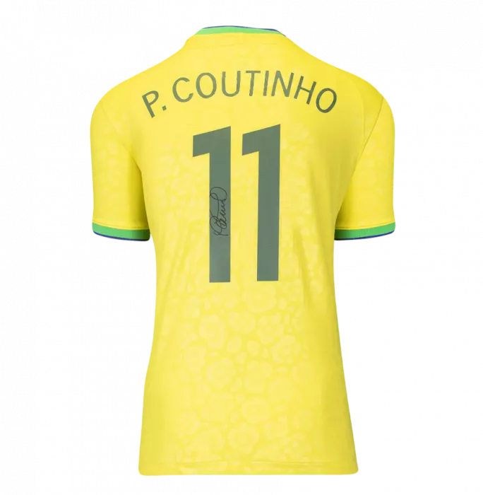 Philippe Coutinho Back Signed Brazil 2022-23 Home Shirt With Fan Style Numbers