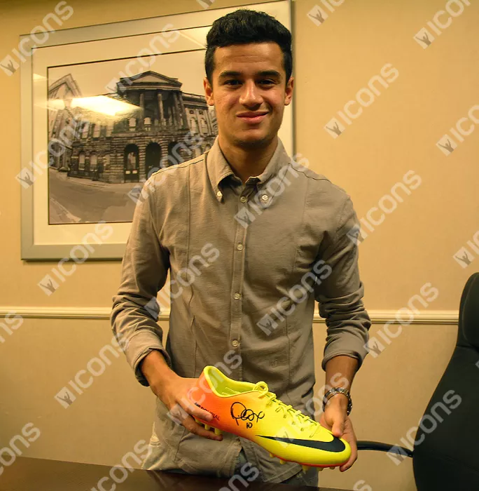 Philippe Coutinho Signed And Liverpool Framed Yellow And Orange Nike Mercurial Vapor IX Boot