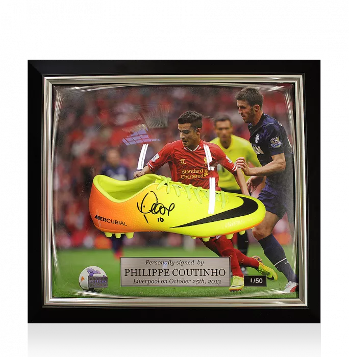 Philippe Coutinho Signed And Liverpool Framed Yellow And Orange Nike Mercurial Vapor IX Boot