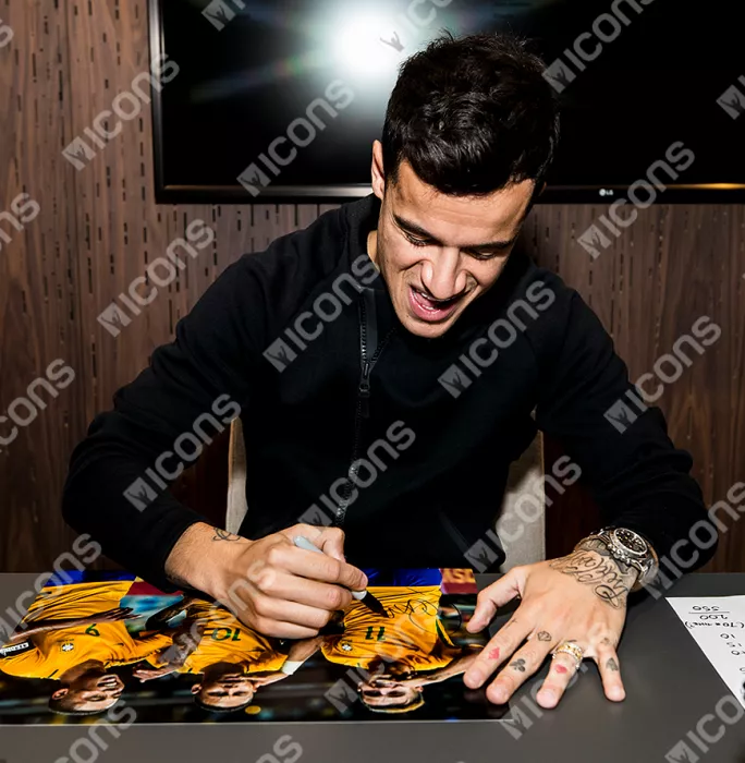 Philippe Coutinho Signed Brazil Photo In Black Wooden Frame