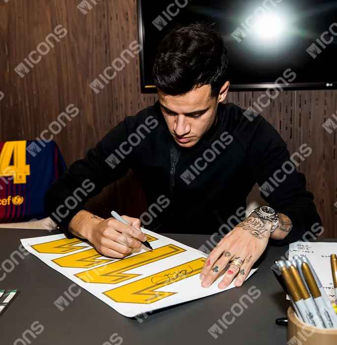 Philippe Coutinho Signed FC Barcelona 2017-18 Home Shirt With Fan Style Numbers In Hero Frame: Option 1
