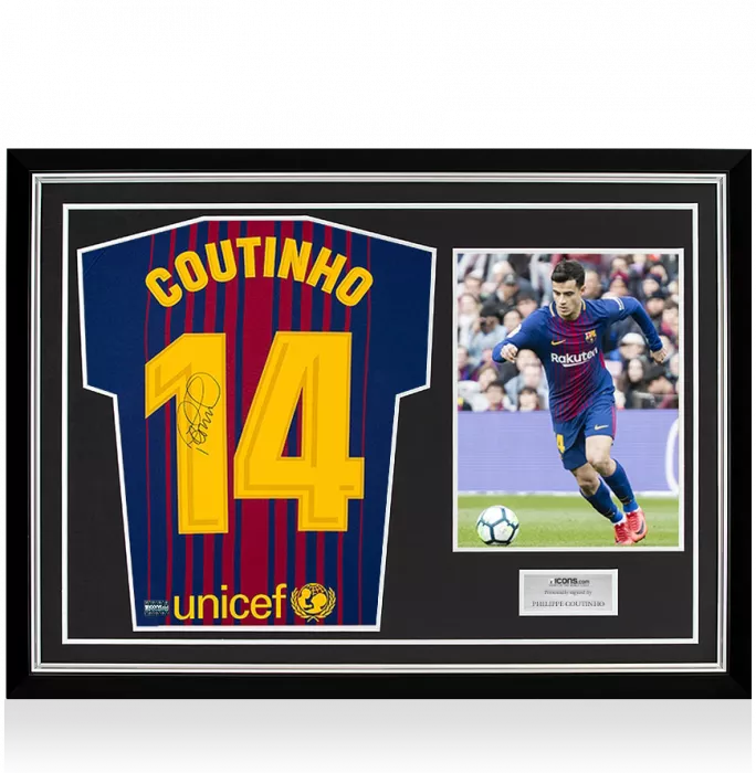 Philippe Coutinho Signed FC Barcelona 2017-18 Home Shirt With Fan Style Numbers In Hero Frame: Option 1