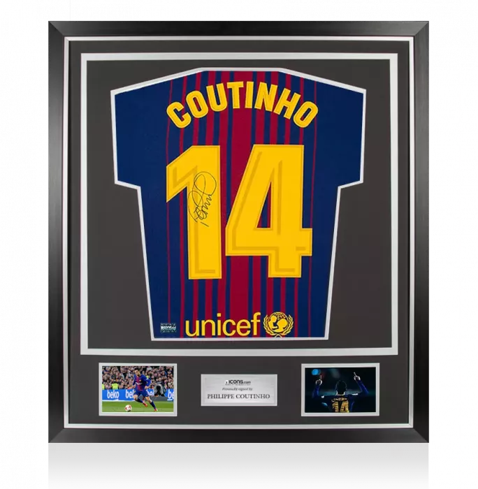 Philippe Coutinho Signed FC Barcelona 2017-18 Home Shirt With Fan Style Numbers In Classic Frame
