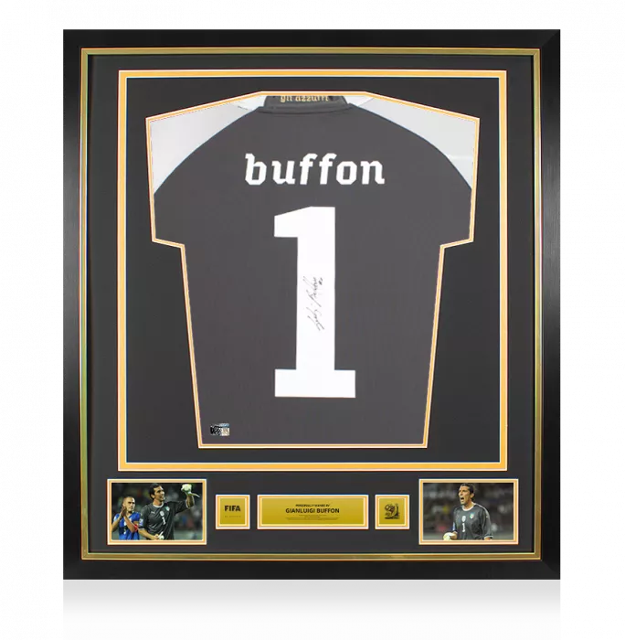 PLAYER ISSUE Gianluigi Buffon Official 2010 FIFA World Cup™ Back Signed and Framed Italy 2010-12 Goalkeeper Shirt