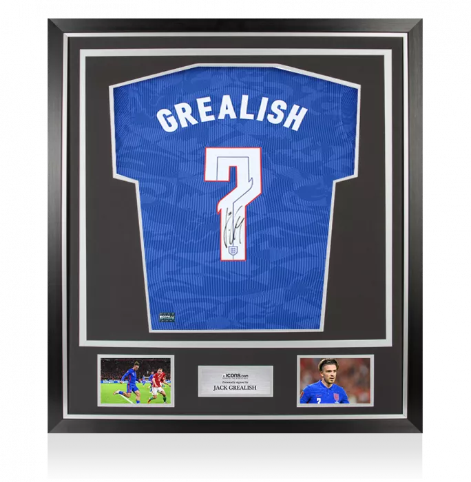 PLAYER ISSUE Jack Grealish Back Signed England 2020-21 Away Shirt In Classic Frame