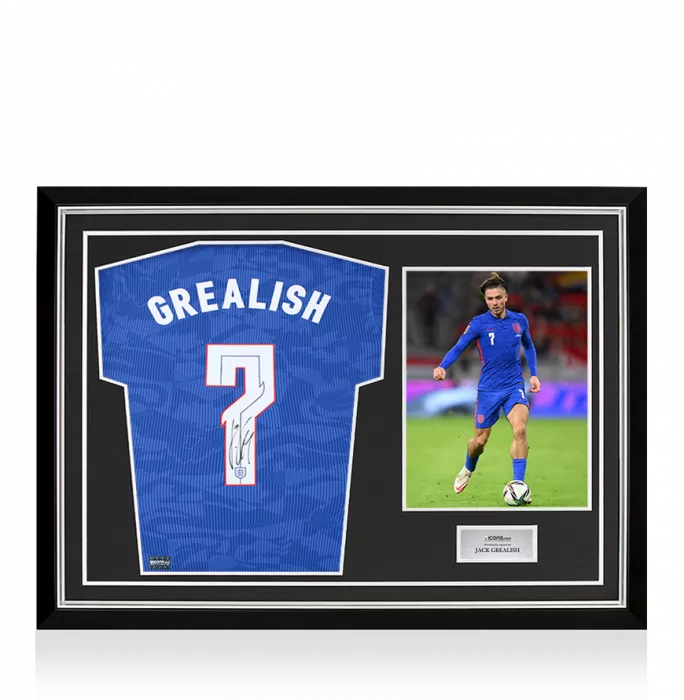 PLAYER ISSUE Jack Grealish Back Signed England 2020-21 Away Shirt In Hero Frame: Option 1