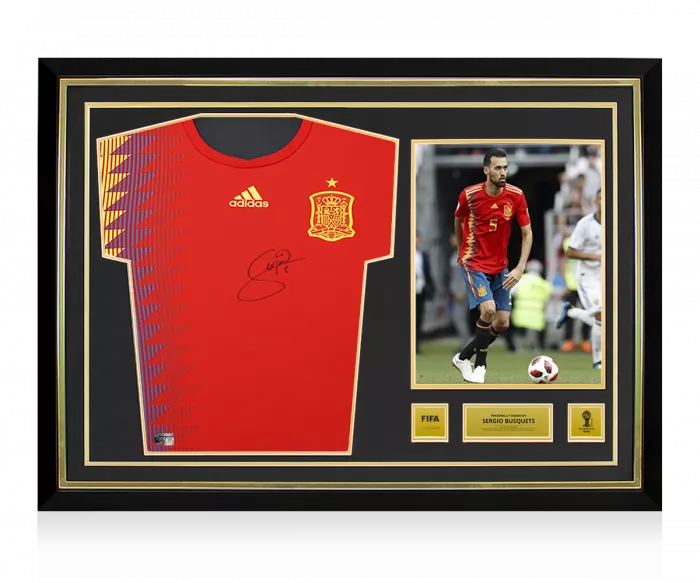 PLAYER ISSUE Sergio Busquets Official 2018 FIFA World Cup™ Front Signed And Hero Framed Spain 2018 Home Shirt