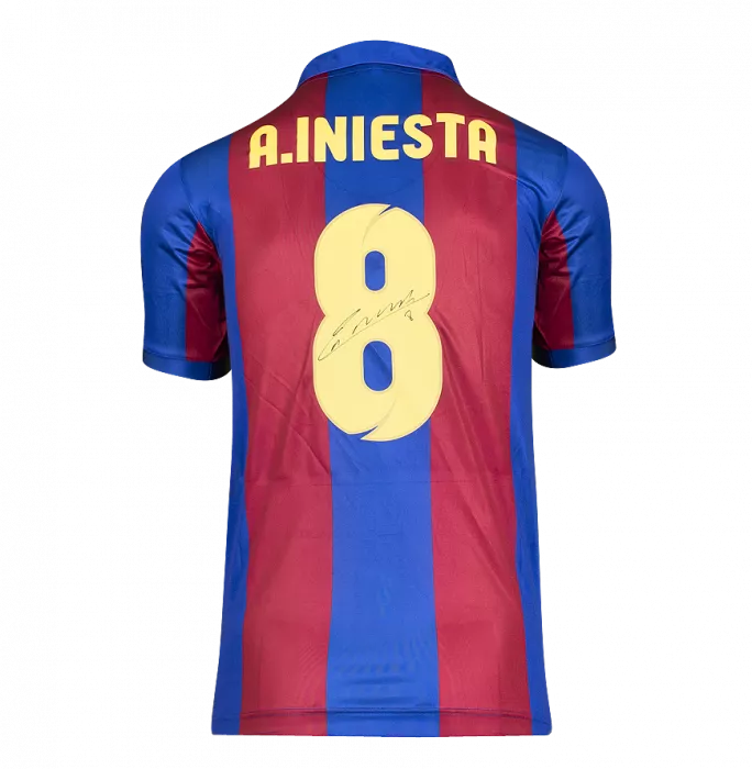 PRE-FRAMED Andres Iniesta Official UEFA Champions League Back Signed And Framed Retro FC Barcelona Home Shirt