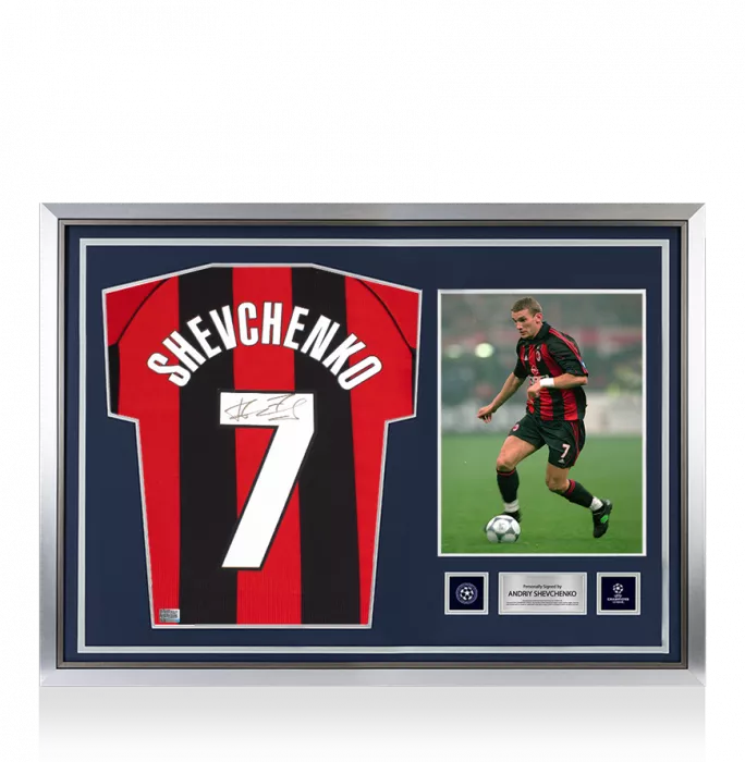 Pre-Framed Andriy Shevchenko Official UEFA Champions League Back Signed and Hero Framed AC Milan 1998-99 Home Shirt