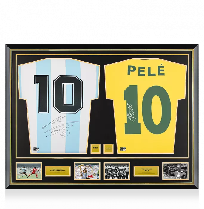 PRE-FRAMED Diego Maradona Argentina & Pele Brazil Official FIFA World Cup™ Signed and Dual Framed Shirts