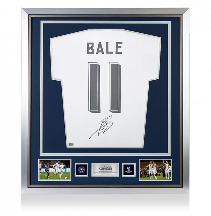 PRE-FRAMED Gareth Bale Official UEFA Champions League Back Signed and Framed Real Madrid Modern Home Shirt with Fan Style Numbers