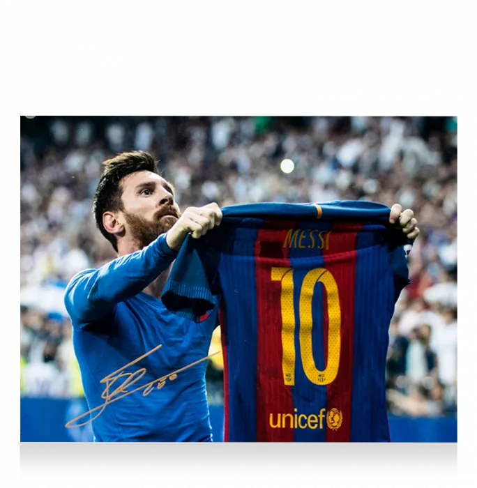 PRE-FRAMED Lionel Messi Official FC Barcelona Signed And Framed Photo: Iconic Clasico Celebration