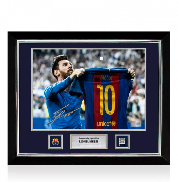 PRE-FRAMED Lionel Messi Official FC Barcelona Signed and Framed Photo: Iconic Clasico Celebration