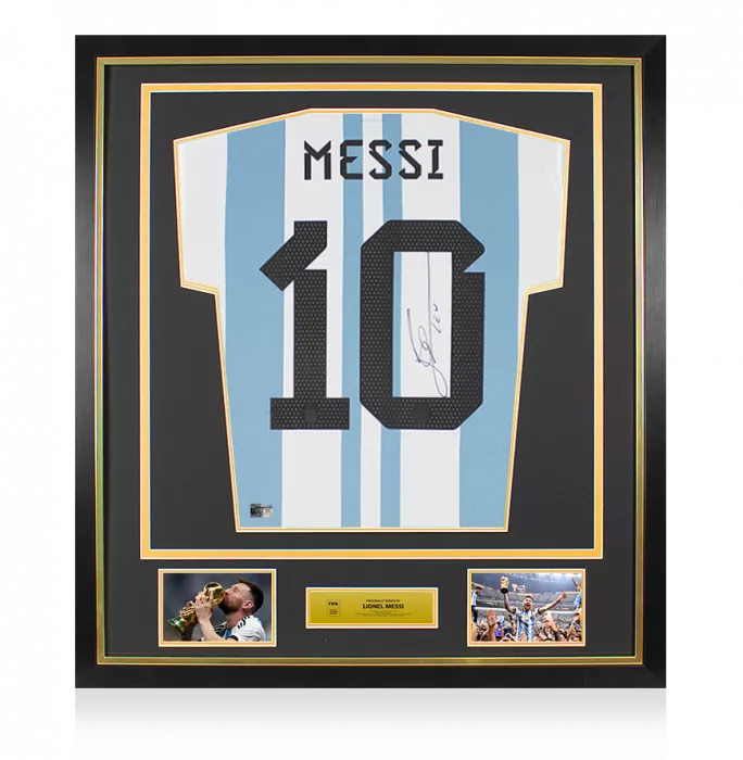 PRE-FRAMED Lionel Messi Official FIFA World Cup Back Signed and Framed Argentina 2022 Home Shirt