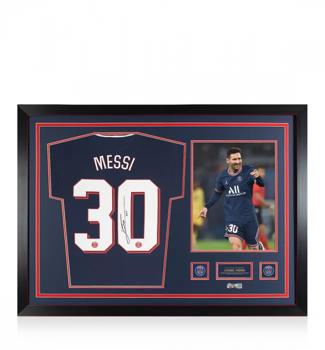PRE-FRAMED Lionel Messi Official Paris Saint-Germain Back Signed and Framed 2021-22 Home Shirt: UEFA Champions League Edition