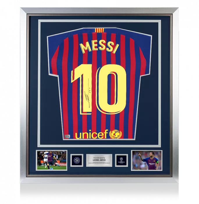 PRE-FRAMED Lionel Messi Official UEFA Champions League Back Signed and Framed FC Barcelona 2018-19 Home Shirt with Fan Style Numbers