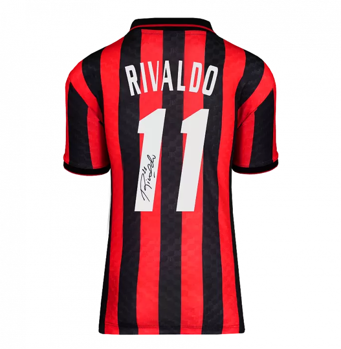 PRE-FRAMED Rivaldo Official UEFA Champions League Back Signed And Framed AC Milan Retro Home Shirt