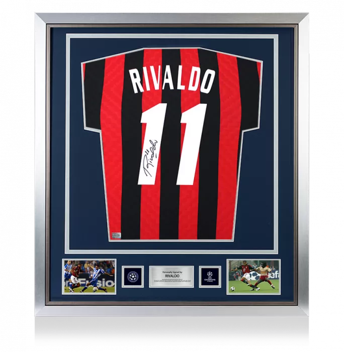 PRE-FRAMED Rivaldo Official UEFA Champions League Back Signed And Framed AC Milan Retro Home Shirt