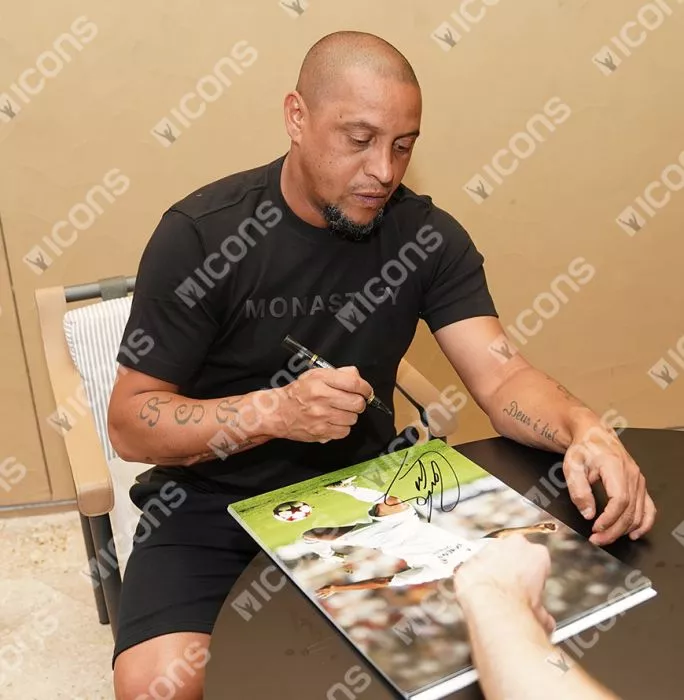 PRE-FRAMED Roberto Carlos Signed Real Madrid CF Photo In Black Wooden Frame: Los Blancos Icon