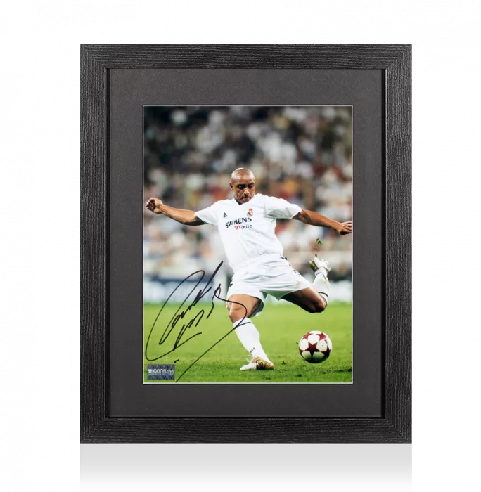 PRE-FRAMED Roberto Carlos Signed Real Madrid CF Photo In Black Wooden Frame: Los Blancos Icon