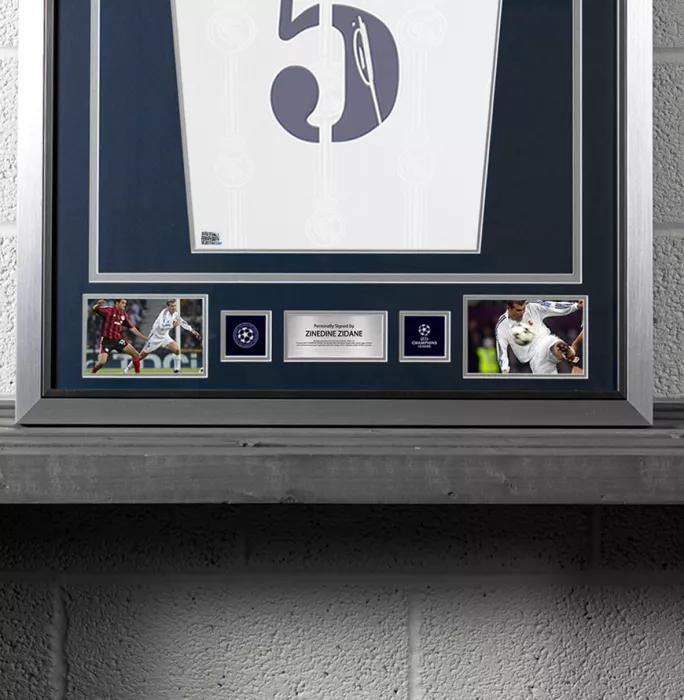 PRE-FRAMED Zinedine Zidane Official UEFA Champions League Back Signed And Framed Real Madrid 2022-23 Home Shirt With Fan Style Numbers