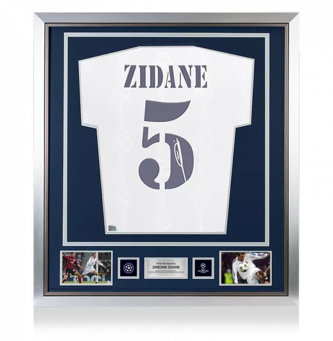 PRE-FRAMED Zinedine Zidane Official UEFA Champions League Back Signed and Framed Real Madrid 2022-23 Home Shirt With Fan Style Numbers