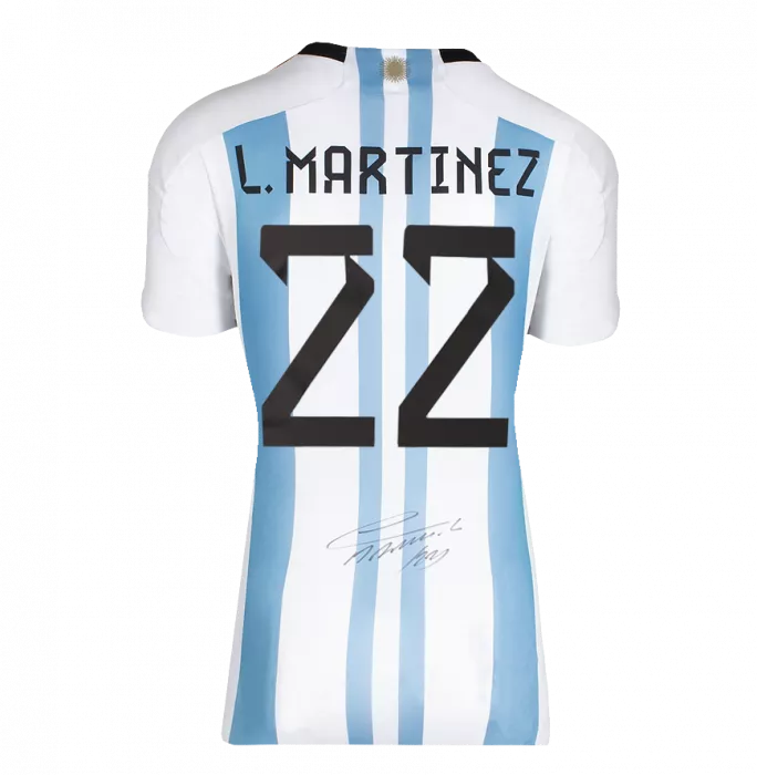 PRE-ORDER Lautaro Martinez Back Signed Argentina 2022 Home Shirt With Fan Style Number In Hero Frame: Option 1
