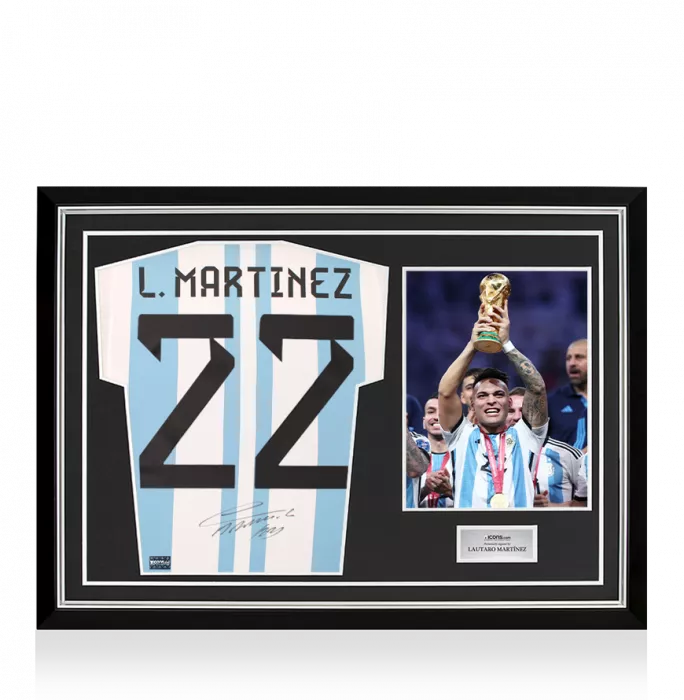 PRE-ORDER Lautaro Martinez Back Signed Argentina 2022 Home Shirt with Fan Style Number In Hero Frame: Option 1