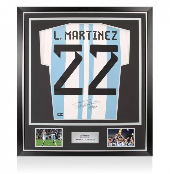 PRE-ORDER Lautaro Martinez Back Signed Argentina 2022 Home Shirt with Fan Style Number In Classic Frame