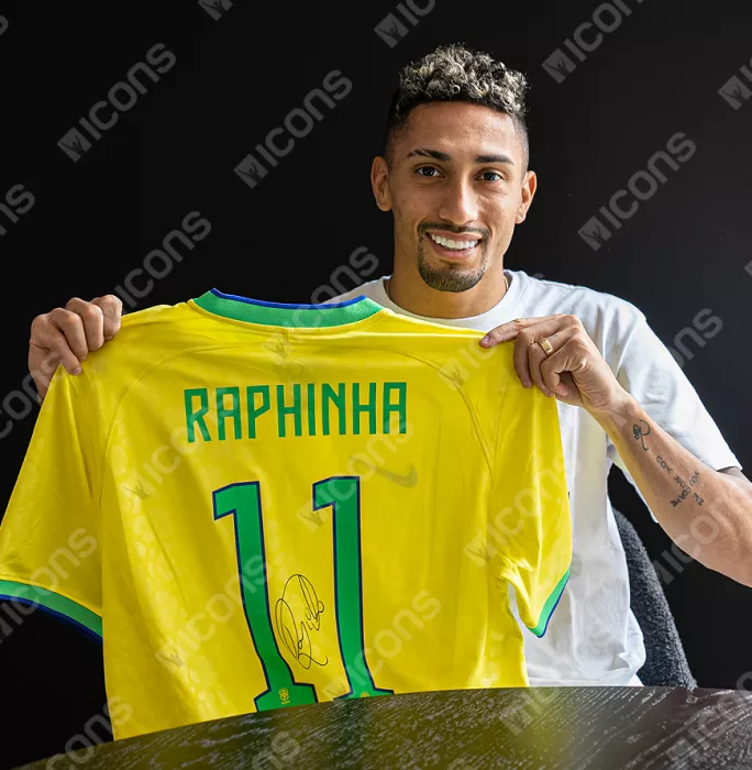 Raphinha Back Signed Brazil 2022-23 Home Shirt In Classic Frame