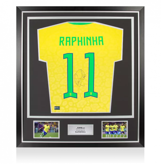 Raphinha Back Signed Brazil 2022-23 Home Shirt In Classic Frame