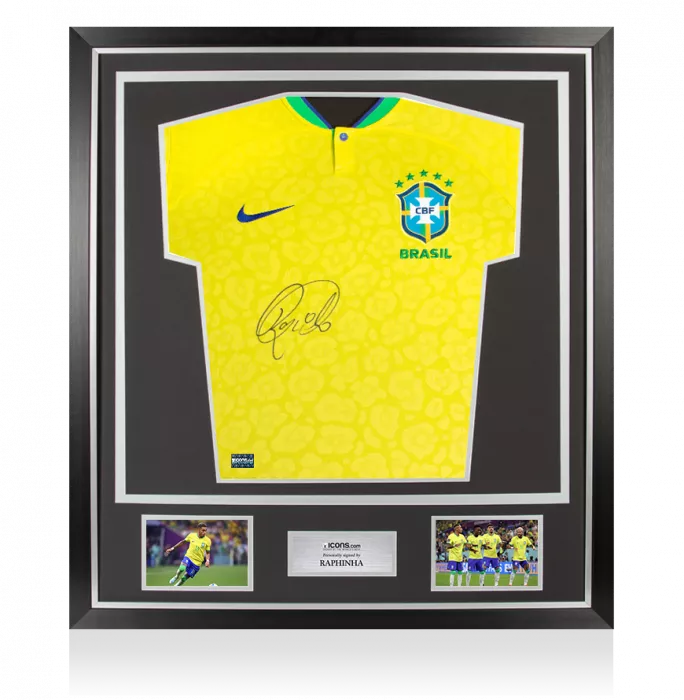 Raphinha Front Signed Brazil 2022-23 Home Shirt In Classic Frame