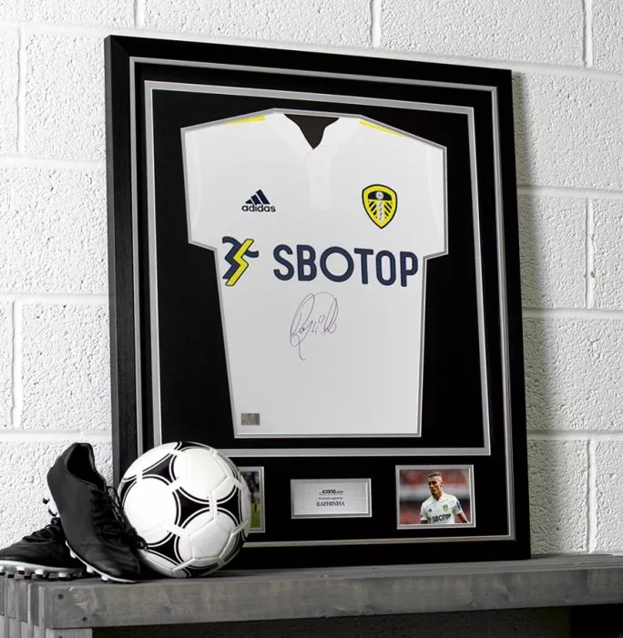 Raphinha Front Signed Leeds United 2021-22 Home Shirt In Classic Frame
