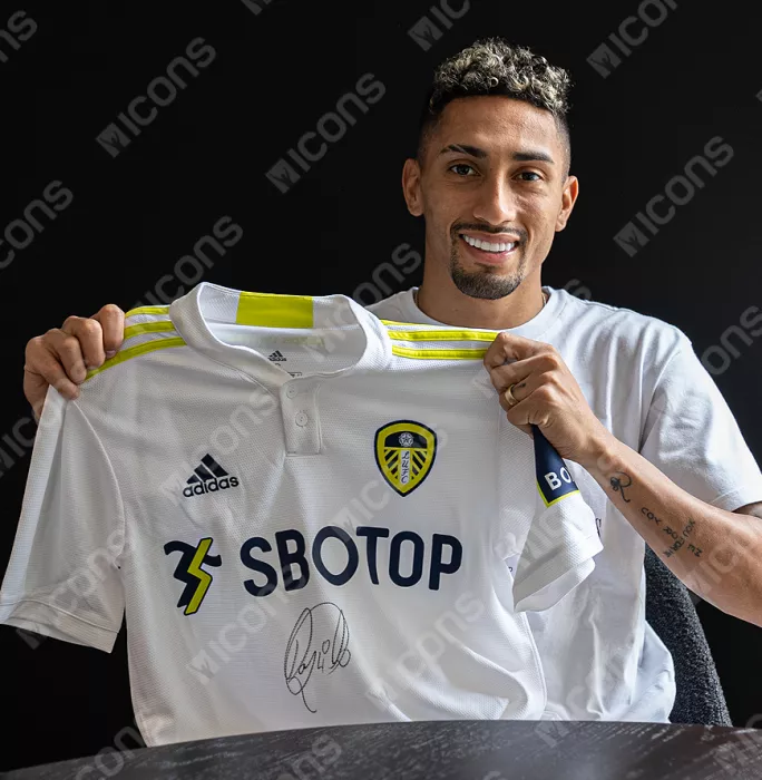 Raphinha Front Signed Leeds United 2021-22 Home Shirt In Classic Frame